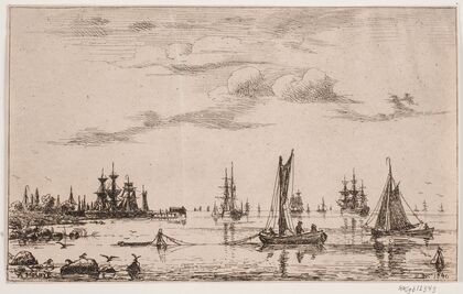 Ships and boats in calm weather by the coast