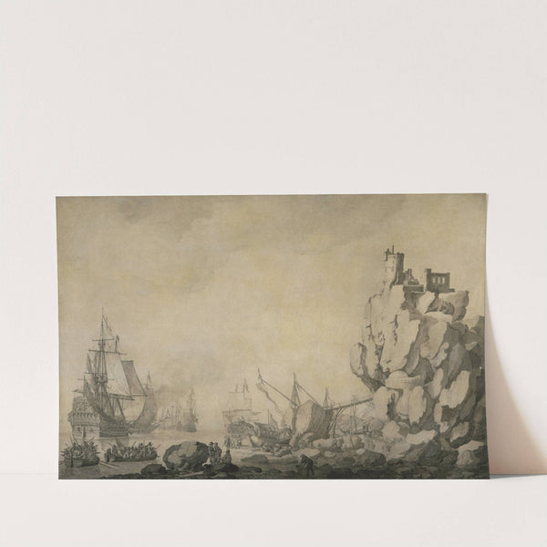 Ships and Militia by a Rocky Shore by Willem van de Velde the Elder