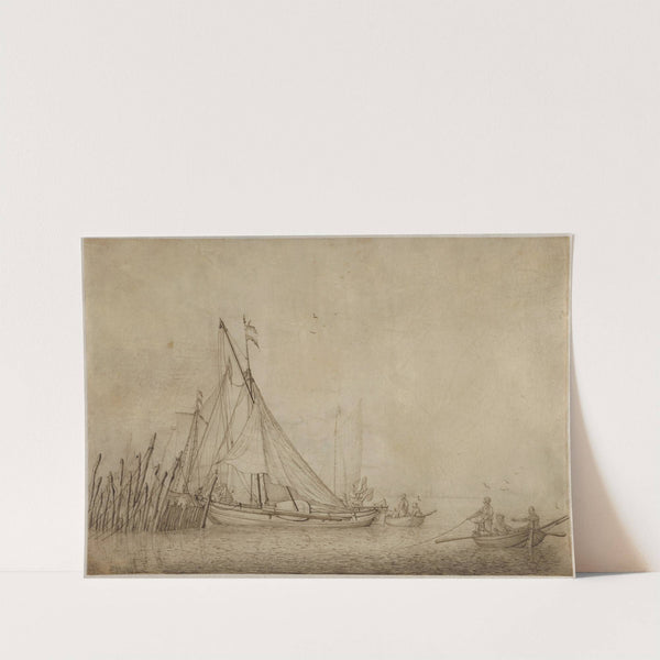 Ships at a Quai with a City in the Background by Hendrick Jacobsz. Dubbels