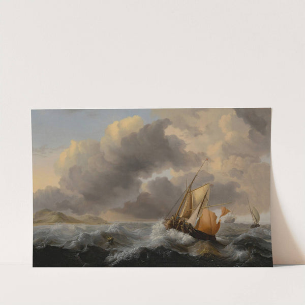 Ships in a stormy sea, with a dune coast beyond by Jan Claesz. Rietschoof