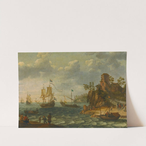 Ships Moored Off A Rocky Coastline With Fishermen Unloading Their Catch by Abraham Willaerts