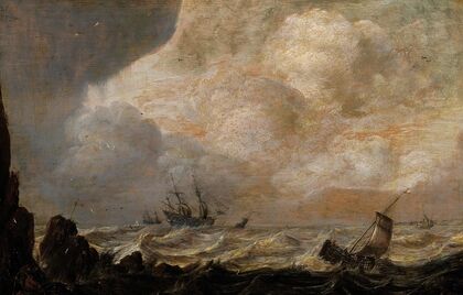 Ships near the coast on a rough sea