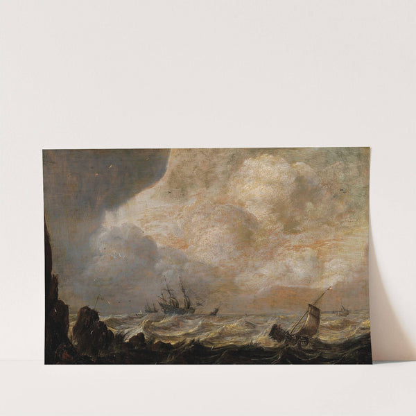 Ships near the coast on a rough sea by Pieter Mulier the Elder