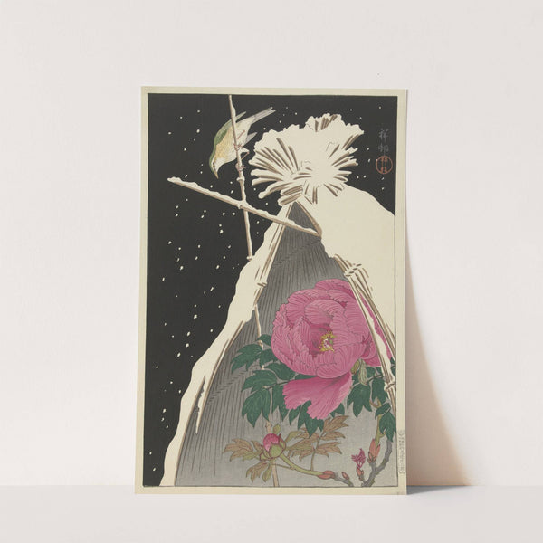 Siberian Bluechat next to a Peony sheltered by a Snowcovered Hay Sheaf (1925 - 1936) by Ohara Koson
