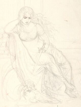 Siddende kvinde med et sværd i venstre hånd