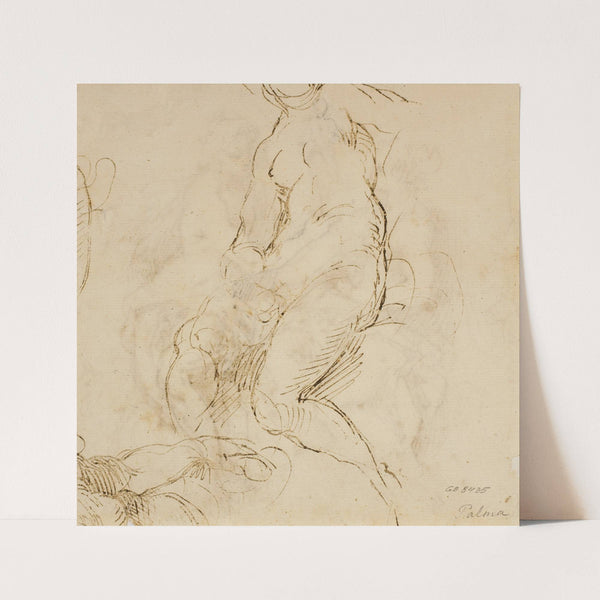 Siddende kvinde og halvtliggende nøgen model, set i forkortning, beskåret by Jacopo Palma il Giovane