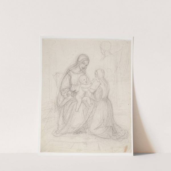 Siddende madonna med barn og knælende kvinde by Johan Ludvig Lund