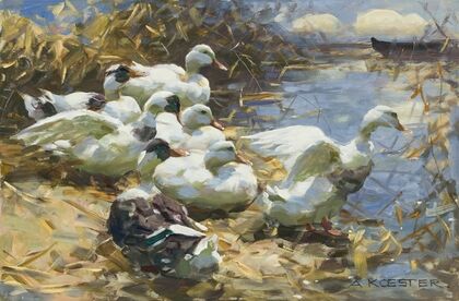 Sieben Enten am Ufer (circa 1910)