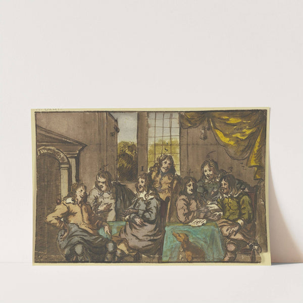 Sieben Herren in einem Zimmer um einen grünen Tisch sitzend, mit Papieren beschäftigt, dabei ein Hund by Jan Van Mieris