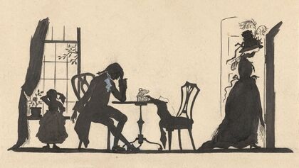 Silhouet van de familie en de vrouw die vertrekt