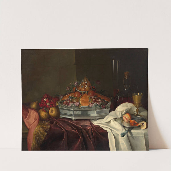 Silver epergne with candied fruits and brioche, wild strawberries and carafe on an entablure by Andrè Bouys