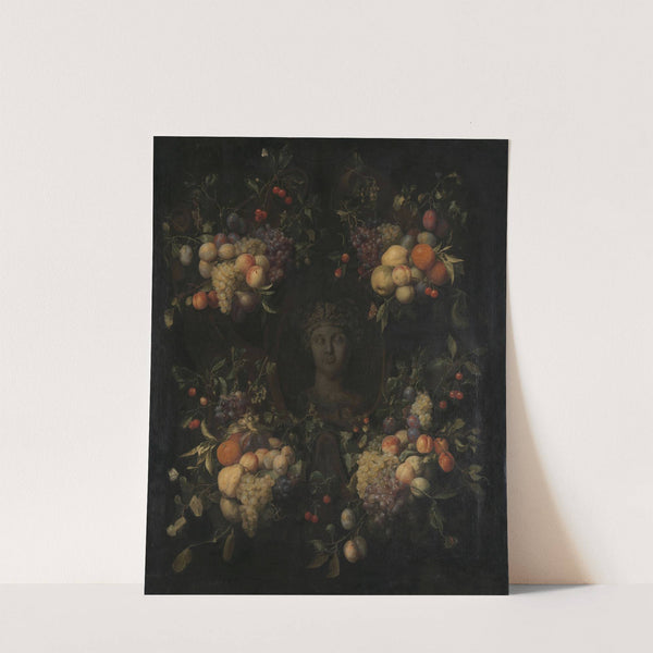 Simulated Sculpted Head of a Woman in a Cartouche Decorated with Swags of Fruit by Joris van Son