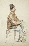 Sitting man with hat and clogs