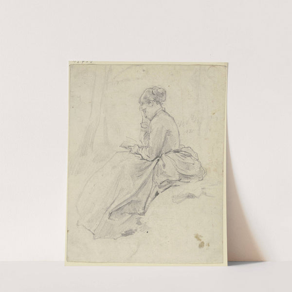 Sitzende Frau mit Buch auf einer Rasenbank by Philipp Rumpf