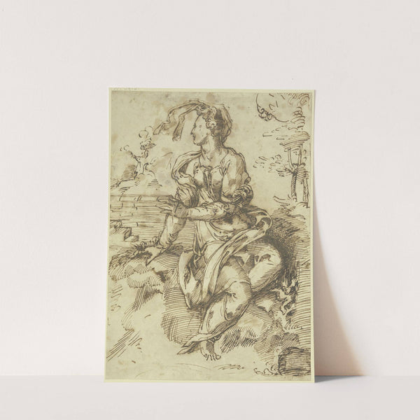 Sitzende Frau mit fliegendem Schleier in einer Landschaft nach links gewandt by Baccio Bandinelli