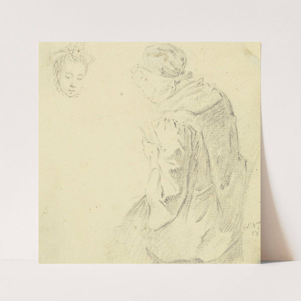 Sitzende Frau mit Haube, nach links gewandt, dreiviertel vom Rücken gesehen, mit Spielkarten in der Hand, links oben ein Mädchenkopf (1758) by Daniel Nikolaus Chodowiecki