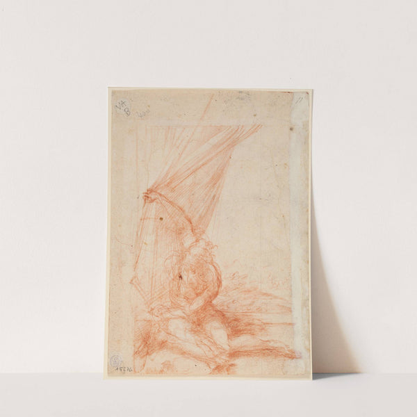 Sitzende Gestalt, die einen Vorhang beiseite schiebt by Parmigianino