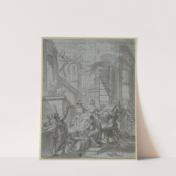 Sitzende Heilige, mit ausgebreiteten Armen zum Himmel blickend, in den Mauern einer Stadt by Christian Wink