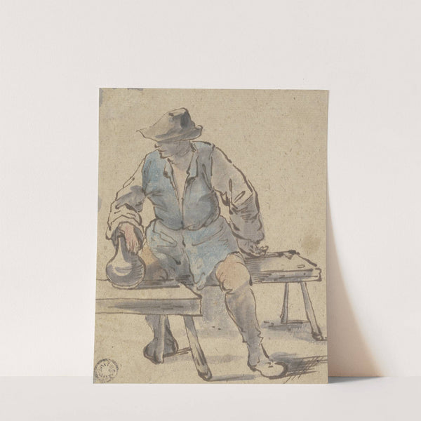 Sitzender Bauer, die Hand auf einen Krug gelegt, der vor ihm auf einer Bank steht by Johannes Lingelbach