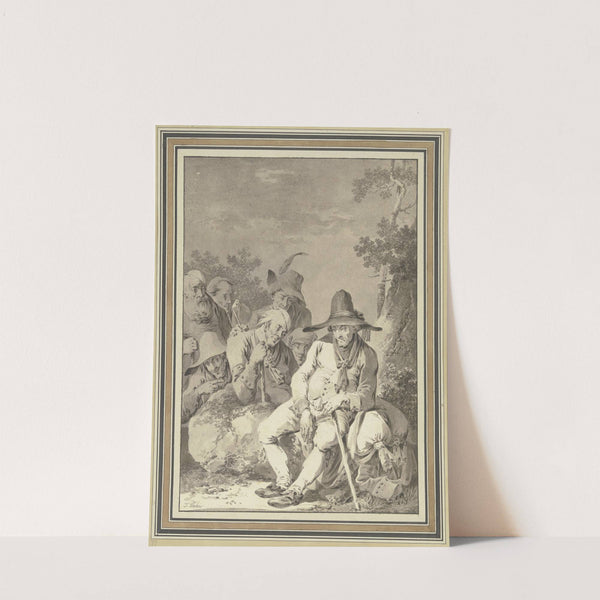 Sitzender Bauer mit großem Hut, bei seinem Gepäck rastend, und sechs Begleiter by Tiberius Dominikus Wocher