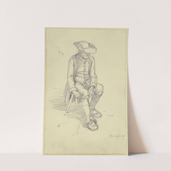 Sitzender Bauer mit großem Hut bindet sich das Strumpfband by Jakob Fürchtegott Dielmann