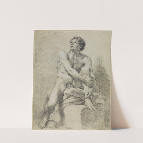 Sitzender männlicher Akt, etwa frontal, das linke Bein hochgestellt und mit beiden Händen gehalten by Anton Raphael Mengs