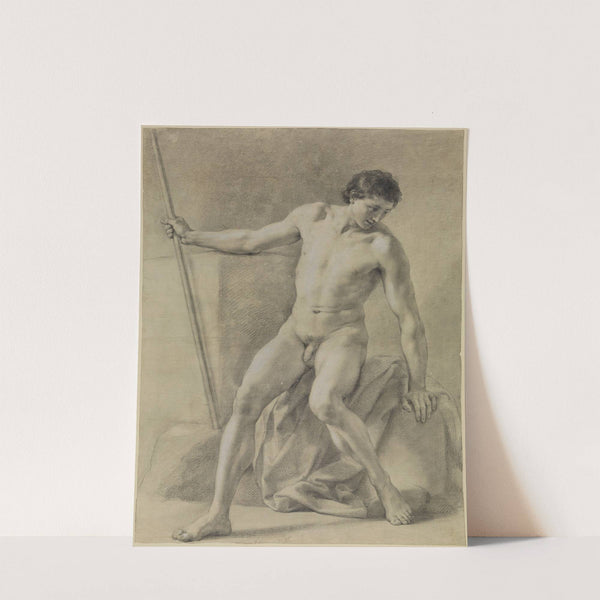 Sitzender männlicher Akt, fast frontal, Stab in der Rechten, niederblickend by Anton Raphael Mengs