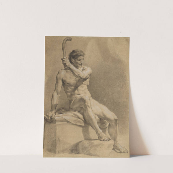 Sitzender männlicher Akt, schräg nach rechts, mit der Linken eine kleine Keule emporhaltend by Anton Raphael Mengs