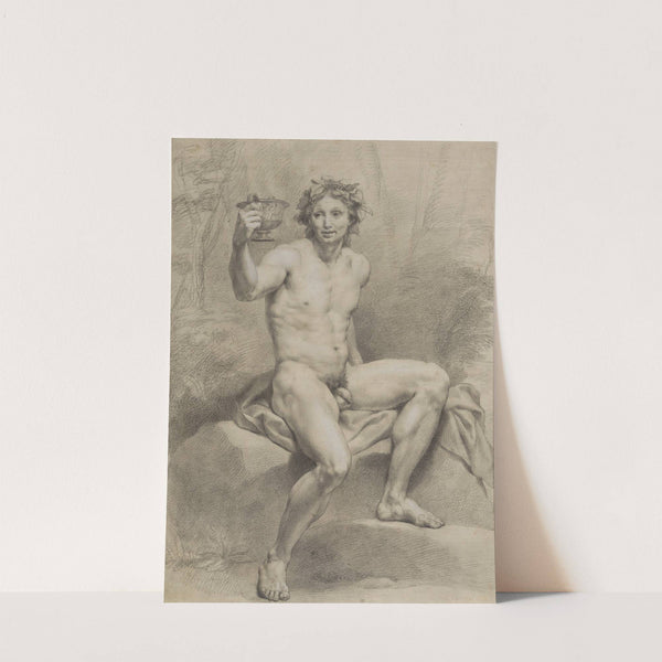 Sitzender männlicher Akt, schräg nach rechts, mit Weinlaubkranz und Trinkschale in der Rechten by Anton Raphael Mengs