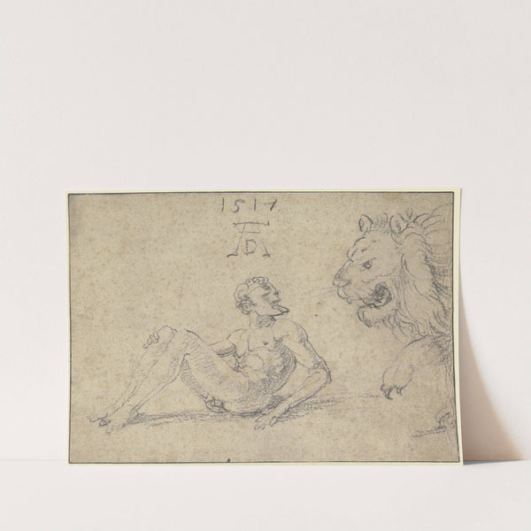 Sitzender nackter Mann mit einem Löwen (1517) by Albrecht Dürer