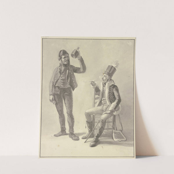 Sitzender rauchender Husar, dabei der Wirt mit Flasche und Glas by Jan Anthonie Langendijk