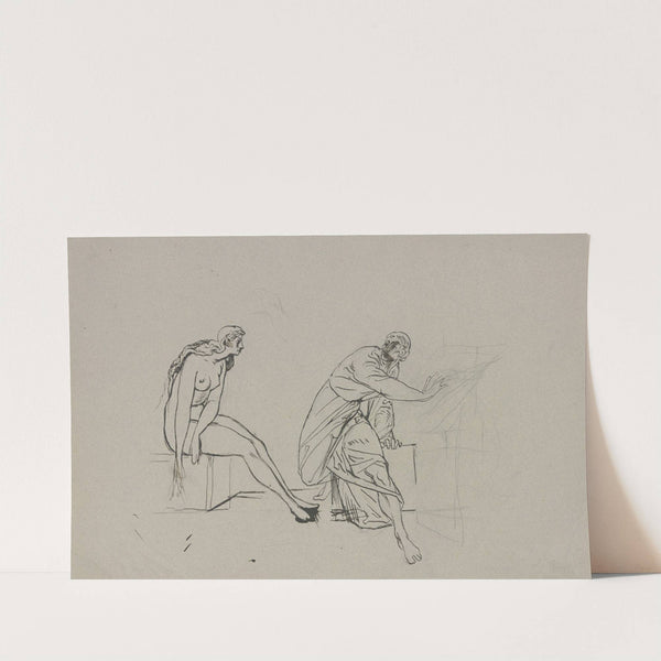 Sitzender weiblicher Akt, einen antikisch gewandeten Jüngling aufschreckend by Victor Müller