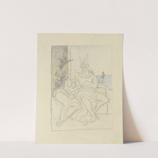 Sitzendes Paar in historischer Tracht, im Hintergrund Ausblick auf das Meer by Victor Müller