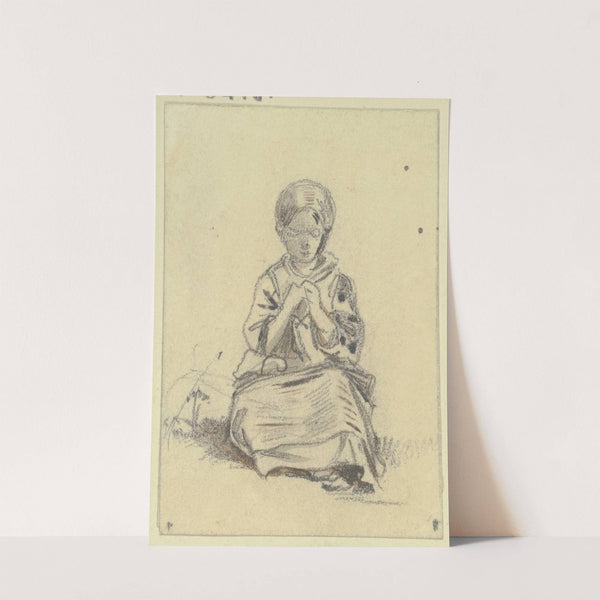 Sitzendes strickendes Mädchen von vorne by Jakob Fürchtegott Dielmann