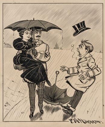 Six comic strip frames of two chivalrous men with woman in rain storm Pl.6 (1897)