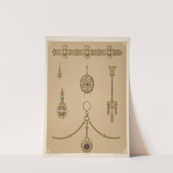 Six Designs For Jewelry, Including Gold Brooch With Central Red Stone, Pearls, And Diamonds. (1872 - 1873) by Martin Gerlach