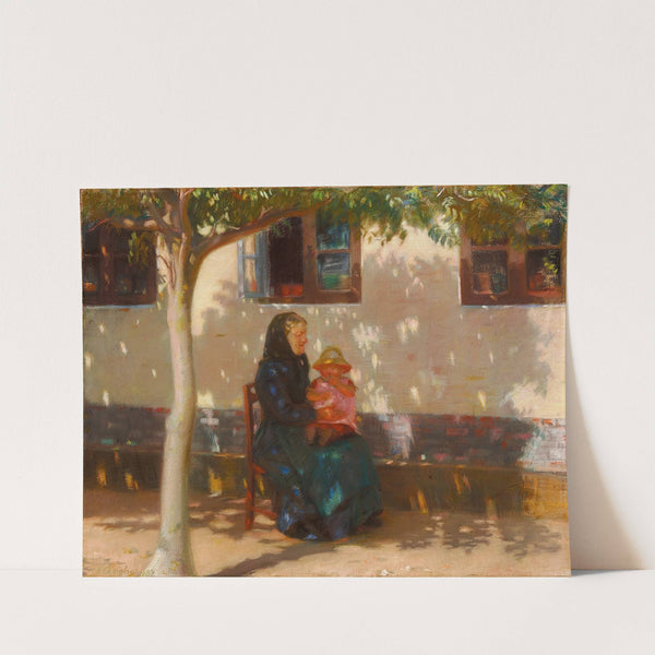 Skagenskone med den lille Helga Ancher på skødet i solskin foran et hvidkalket hus (1889) by Anna Ancher