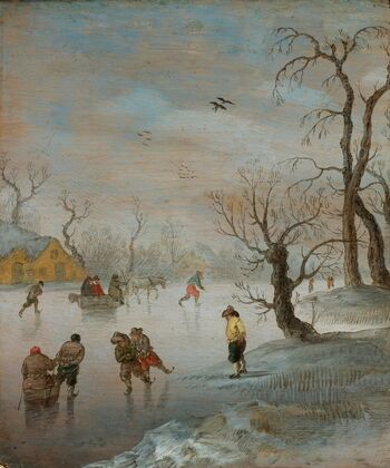 Skaters And A Horse-Drawn Sledge On A Frozen Waterway