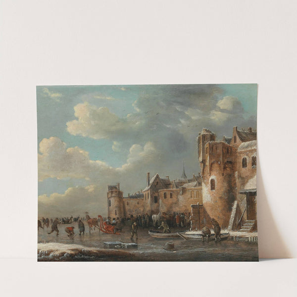 Skaters and a horse-drawn sleigh on the ice outside a walled town by Thomas Heeremans