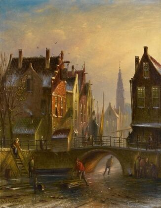 Skaters on a canal in Amsterdam with a view of the Zuiderkerk beyond