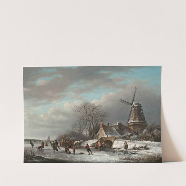 Skaters on a Dutch waterway by a windmill by Andreas Schelfhout