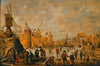 Skaters on a frozen canal with fortifications beyond