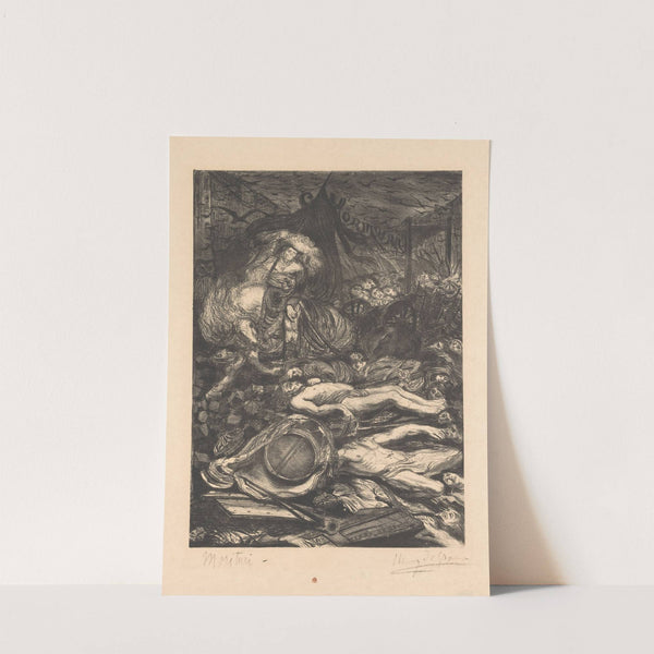 Skelet te paard rijdt over gevallen strijders en puin by Henry de Groux