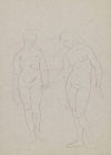 Sketch of a naked young man on horseback, depicted in profile. Horse head in the back (1908)