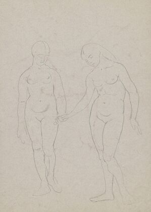 Sketch of a naked young man on horseback, depicted in profile. Horse head in the back (1908)