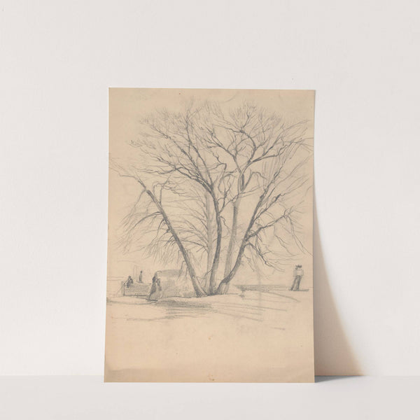 Sketch of a tree in winter beside a boulder at water’s edge, a man fishes from a wharf in the background (1840-1860) by James Fuller Queen