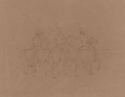Sketch of cavalry on horseback, seen from the side and rear, horses facing right. Includes a horse without a rider