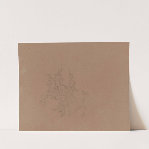 Sketch of cavalry on horseback, seen from the side, horses facing left. Soldier at left gesturing left, arm extended by John Rubens Smith