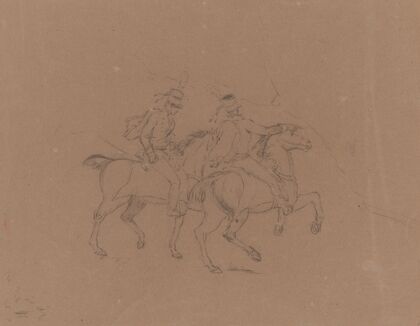 Sketch of cavalry on horseback, seen from the side, horses facing right