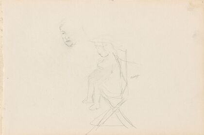 Sketch of face; girl sitting on a chair